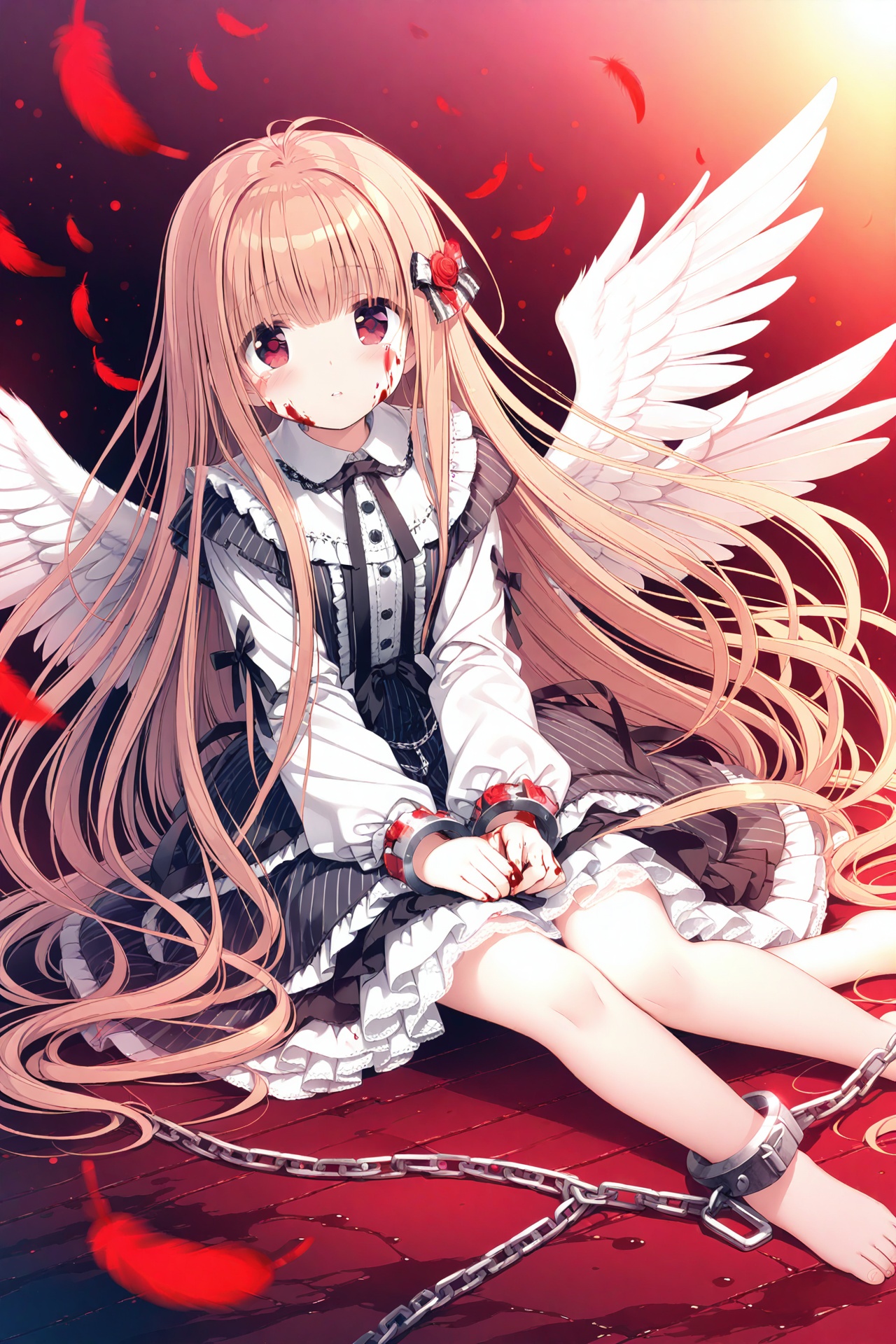 (masterpiece),(best quality),illustration,ultra detailed,hdr,Depth of field,(colorful),loli,1girl,solo,wings,blood,long hair,sitting,chain,red eyes,blood on hands,feathered wings,barefoot,blood on face,blood from eyes,dress,long sleeves,cuffs,feathers,frills,looking at viewer,very long hair,white wings,bandages,shackles,bangs,