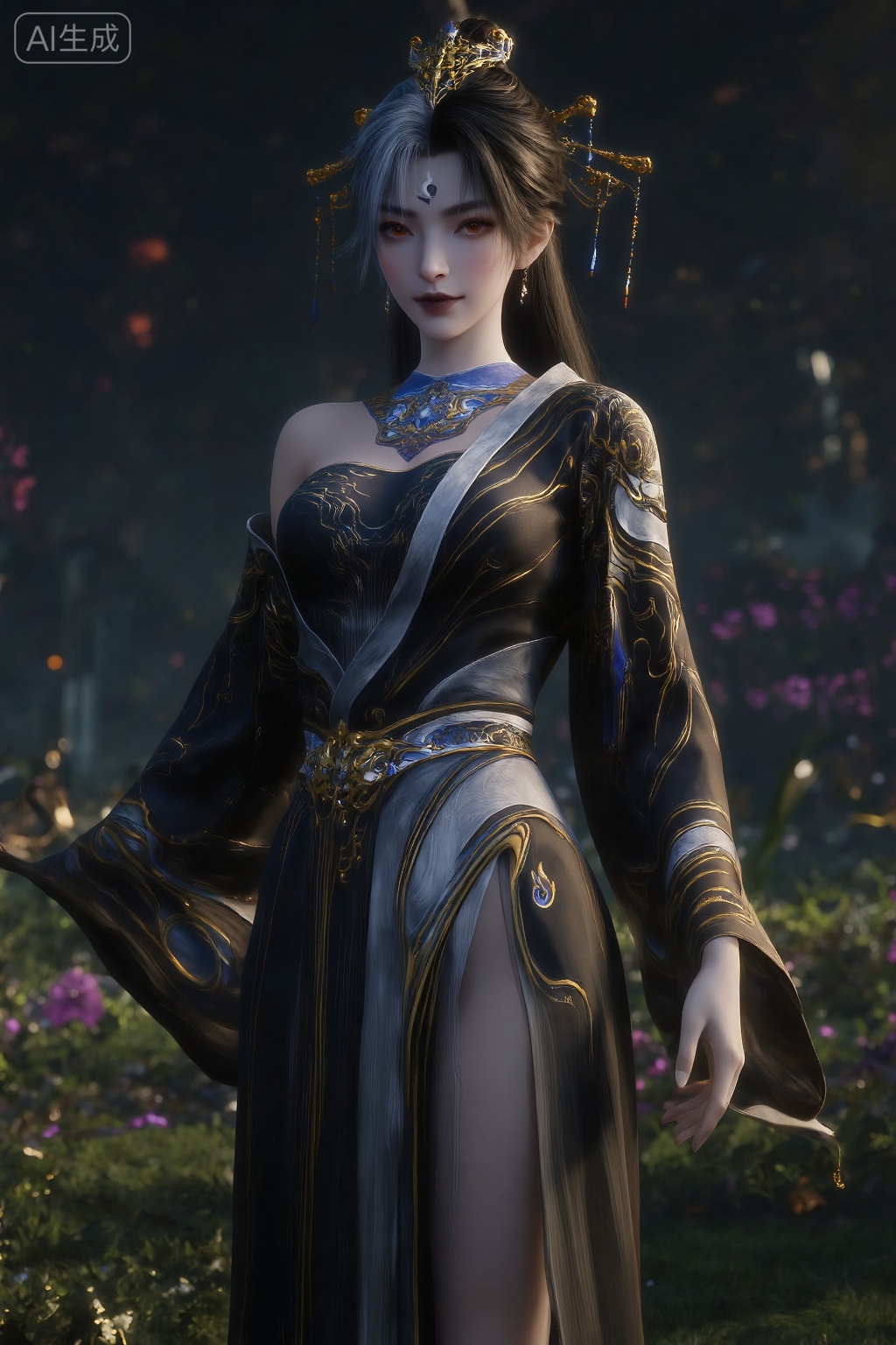 A highly detailed CGI image of a beautiful Asian woman with pale skin and long black hair,styled with a white streak and adorned with gold hairpins. She wears an elegant,ornate black and silver dress with a high slit,revealing her thigh. She stands in a lush garden with a dark,mystical background.,, best quality,ultimate aesthetics,masterpiece,emotional masterpiece,extraordinary above all,mastery of details,, Negative prompt: ng_deepnegative_v1_75t,(badhandv4:1.2),EasyNegative,(worst quality:2),,nsfw, Steps: 30, Sampler: DPM++ 2M, CFG scale: 3.5, Seed: 691690959, Size: 1024x1536, Model hash: 062dad72b2, Model: 麦橘超然majicFlus_v1.safetensors, Denoising strength: 0, RNG: CPU, Lora 1: 20250904-1756986734983-0010, Lora Hash 1: 1d768e946d, Lora Weight 1: 1.0, Lora 2: 《金芒逸凤》唯美古风主题风格化lora|摄影|海报设计, Lora Hash 2: 779d600c15, Lora Weight 2: 0.7, vae_name: automatic