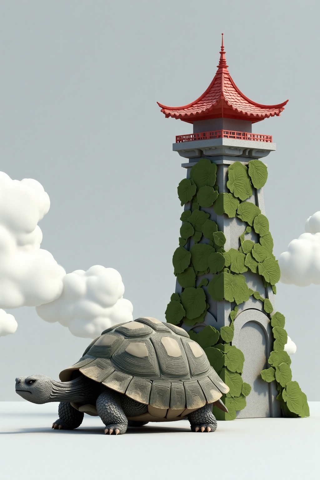 beijihui,a 3D rendering of a tortoise, positioned in front of a pagoda-**** structure. The tortoise's head is facing the right side of the frame, and its body is angled towards the right. The top of the pagoda is adorned with a red roof, and the bottom of the building is covered in a layer of green ivy, adding a touch of greenery to the scene. The background is a light gray, with a few white clouds in the distance.