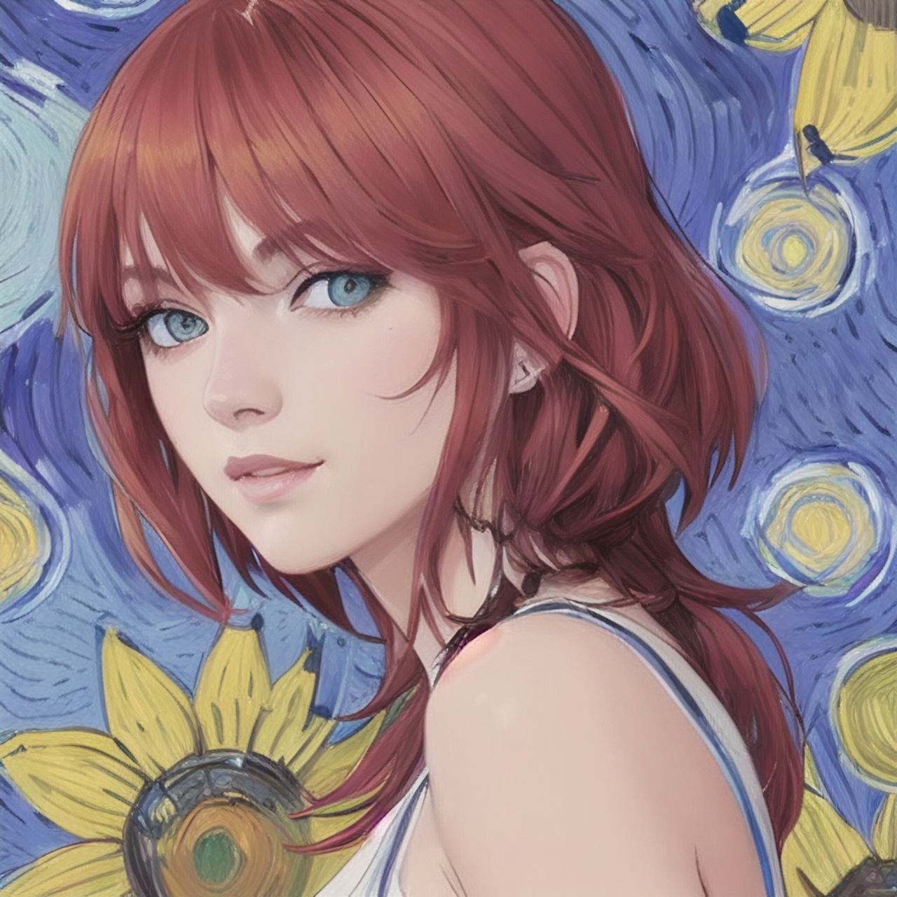 (best quality,  masterpiece,  ultra detailed), Beautiful woman, red hair, sunflower field, amber eyes, 8k, best quality, (van gogh, starry night background), detailed hair, detailed eyes