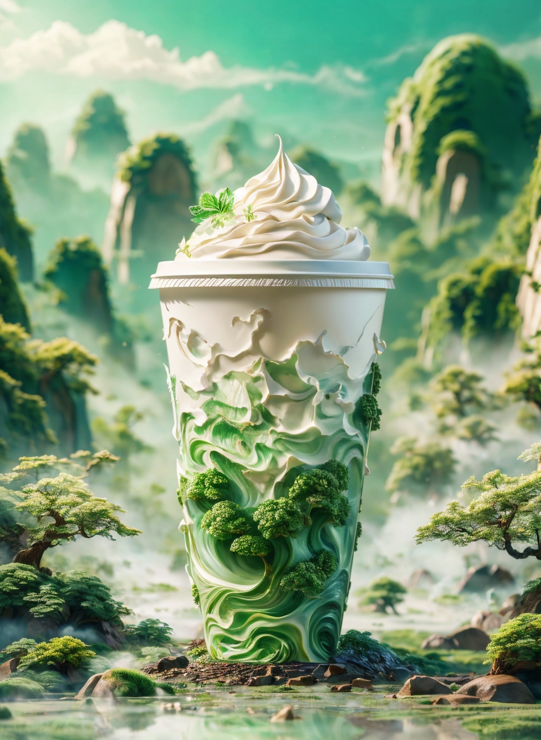 (high quality, best quality, official art, beauty and aesthetics:1.2),milk tea cup,(Coffee cups),splashing spray,(Chinese landscape paper carving, Chinese Song Dynasty landscape painting:1.2),(surrealist dream style),cream organic fluid,light tracing,environmental shielding,hazy,natural light,limestone,gel resin sheet,oc rendering,clean light color background,front view,realistic,greener, c4d, oc rendering, product photography