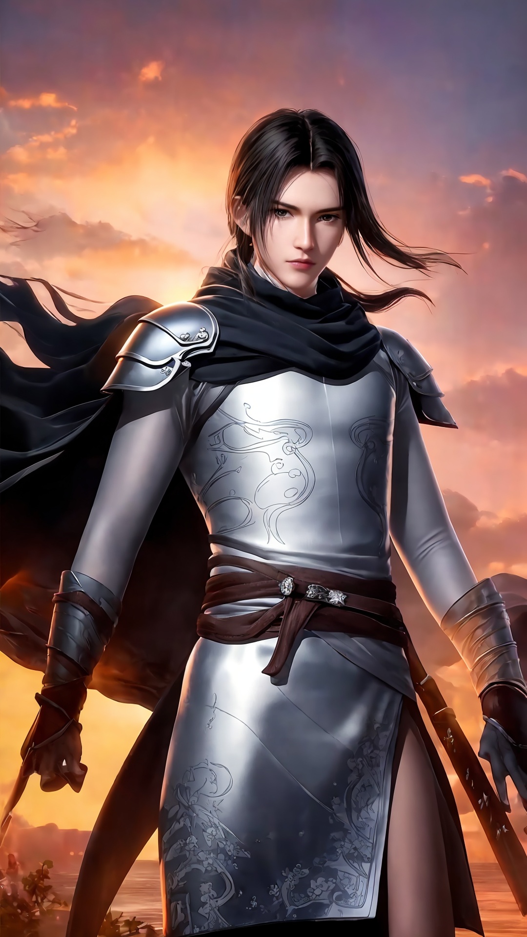 solo,1boy,male focus,armor,black hair,cape,looking at viewer,<lora:Ge Nie man Boy Handsome boy swordsman_20240829181204:0.8>,mid_shot,cowboy_shot,china_dress,sunset,the top of the hill,