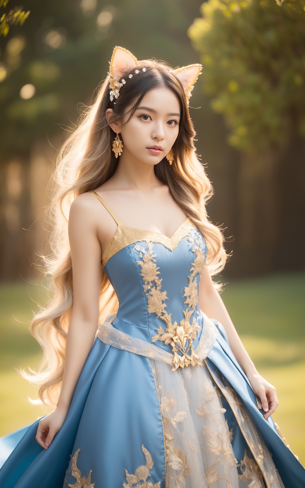(masterpiece, top quality, best quality, official art, beautiful and aesthetic:1.2) ,cover art, (photo effect:1.5) ,kawaii, masterpiece, best quality, (extremely detailed CG unity 8k) , artstation, (Golem) , ((White and Gold skin)) , (full body) , extremely detailed long cat ears, (detailed long Cobalt Blue and Chartreuse costume tailored by Paulo Almeida) , extremely detailed face, (very Adorable) , extremely detailed body, (sky background) , long hair, long detailed tail