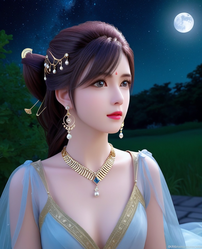 <lora:639-DA-XL-眷思量-须灵犀:0.8>(,1girl, ,best quality, ),looking at viewer,masterpiece(,1girl,night, starry sky, milky way,outdoors, full moon,  night sky, darkness,  world of darkness, , ) ,ultra realistic 8k cg,   clean, masterpiece,     (( , )),, , , prestige, luxury, jewelry, diamond, gold, pearl, gem, sapphire, ruby, emerald, intricate detail, delicate pattern, charming, alluring, seductive, erotic, enchanting, hair ornament, necklace, earrings, bracelet, armlet,halo((, )), (),