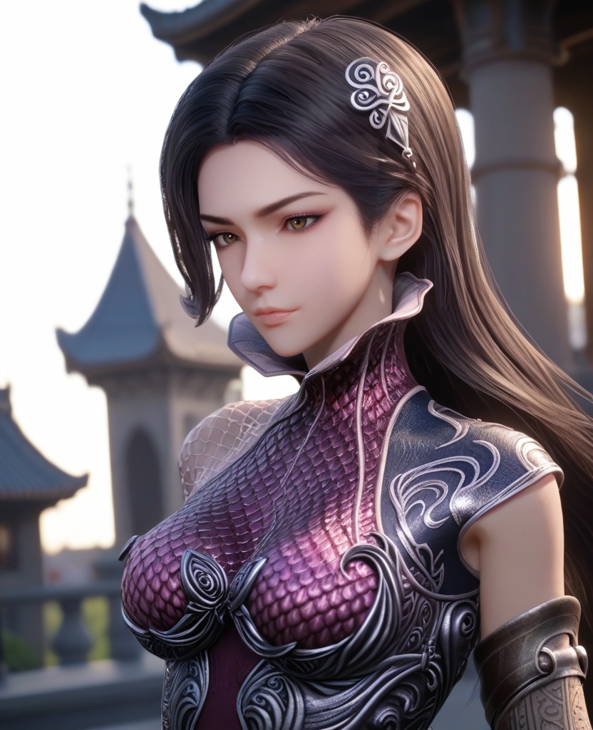 (oriental architecture, elegant decor, sophisticated style:1.1),(Gently pulling at an imaginary necklace near her collarbone, with her eyes locked onto an unseen lover, she portrays deep longing and irresistible charm:1.1),(breasts:1.2), <lora:XL16秦时明月惊鲵:0.95> miss jingni, corset dress with purple topwear and silver skirt, brown eyes, black hair, long hair, detached sleeves, barrettes, black leather left shoulder cut and mesh fabric on right shoulder, side slit, fishnet pantyhose, score_9,score_8_up,score_7_up,score_6_up,score_5_up,score_4_up,3d rendering,tag1,tag2, Cinematic Lighting,backlighting,