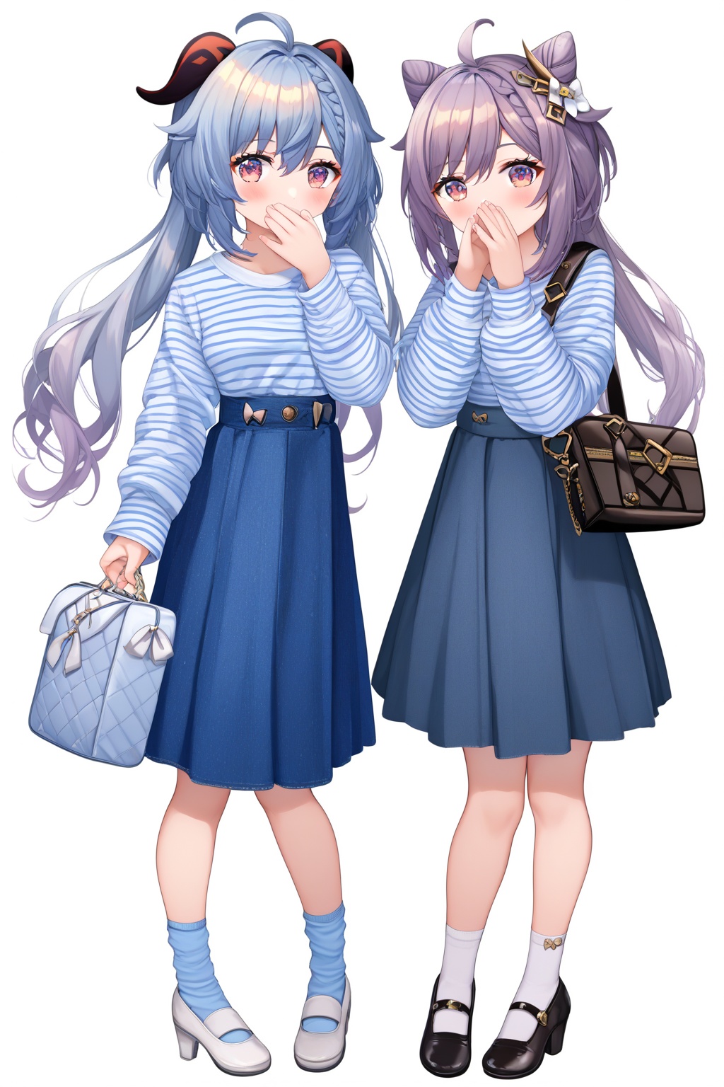 score_9,score_8_up,score_7_up,score_6_up,source_anime,source_cartoon,<lora:ganyuTuPONYXL-000008:1>,ganyu \(genshin impact\), 2girls, skirt, multiple girls, keqing \(genshin impact\), socks, long hair, horns, purple eyes, purple hair, shirt, blue hair, white socks, blue skirt, striped clothes, long sleeves, shoes, high heels, full body, bag, looking at viewer, white background, hair bun, striped shirt, hat, denim, white shirt, white footwear, shoulder bag, denim skirt, black footwear, casual, simple background, ahoge, high-waist skirt, twintails, shirt tucked in, handbag, frills, jewelry, double bun, blush, covering own mouth, cone hair bun, hair ornament, plaid, bow, low ponytail, standing, braid, kneehighs, puffy long sleeves