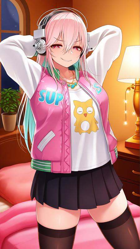 masterpiece, absurdres, amazing quality, aesthetic, newest, mature female, looking at viewer,<lora:SuperSonico_Illu_Dwnsty:0.9>,sup3rs0n1c0def, pink eyes, pink hair, aqua hair, two-tone hair, colored inner hair, long hair, hair between eyes, headphones, necklace, letterman jacket, pink jacket, white sleeves, long sleeves, sleeves past wrists, white shirt, black skirt, miniskirt, pleated skirt, black thighhighs, leaning back, arms behind head, legs apart, pointing, bored eyes, lewd smirk , happy,  smug expression ,  lowered eyelids, v-shaped eyebrows, akanbe, bedroom, bed, window, moonlight, fairy lights, nightstand, lamp, books, plants, shadows, cozy, pillows, blankets,