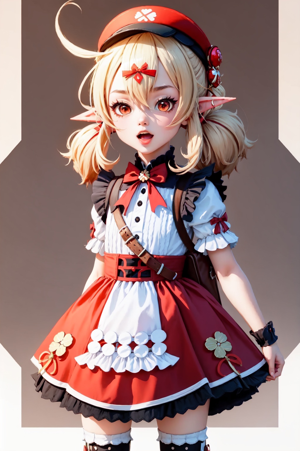 klee_(genshin_impact),1girl,ahoge,low_twintails,open_mouth,solo,looking_at_viewer,alternate_costume,sidelocks,red_headwear,:d,clover_print<lora:klee_(genshin_impact):1>,simple background,white backgroundmasterpiece,best quality, highly detailed, 