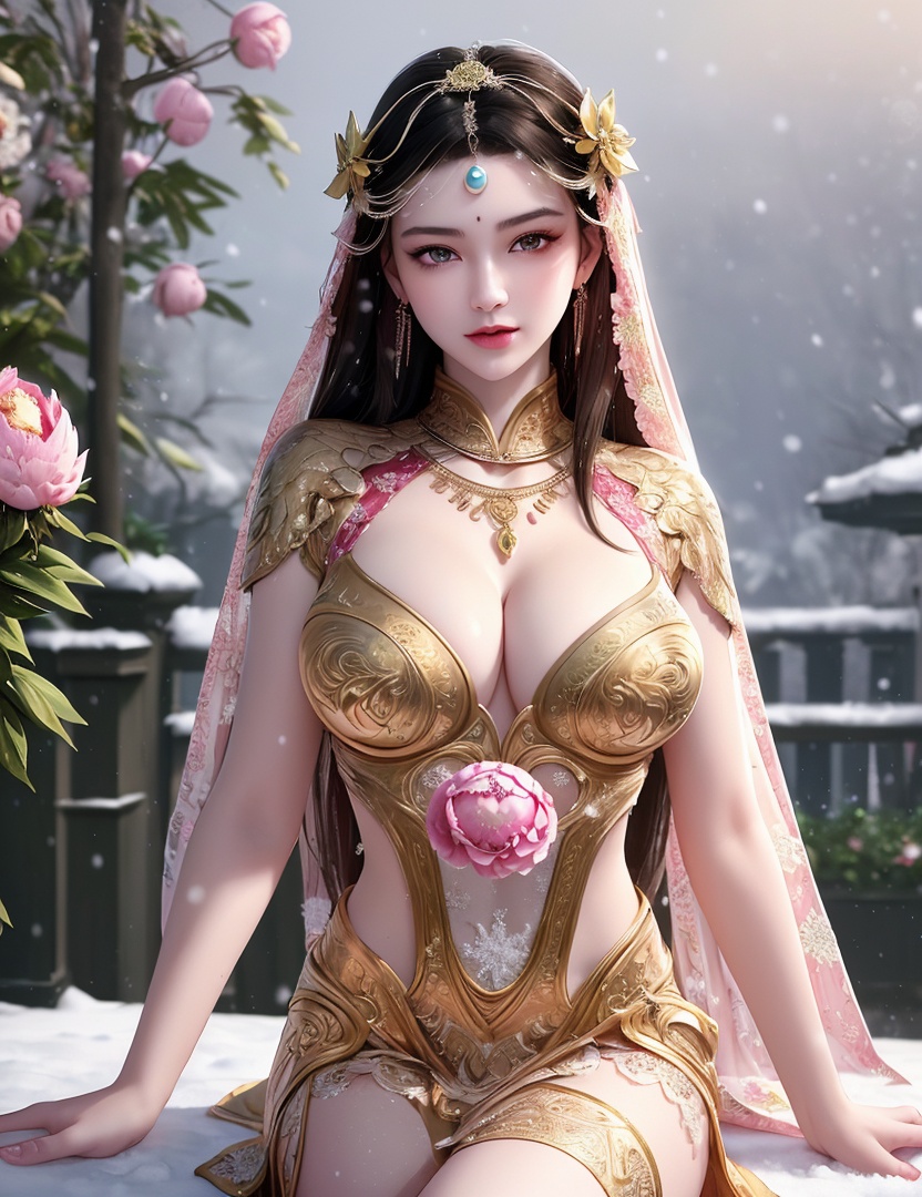 ultra realistic 8k cg, picture-perfect face, flawless, clean, masterpiece, professional artwork, famous artwork, cinematic lighting, cinematic bloom, perfect face, beautiful face, fantasy, dreamlike, unreal, science fiction,   lace, lace trim, lace-trimmed legwear, luxury, jewelry, diamond, gold, pearl, gem, sapphire, ruby, emerald, intricate detail, delicate pattern, charming, alluring, seductive, erotic, enchanting, hair ornament, necklace, earrings, bracelet, armlet,halo,autumn,((,1girl, pov,))  , ((((1girl, solo,outdoors, large breasts, snow, peony \(flower\),  ))))  <lora:DA_MuQingQing:0.6>