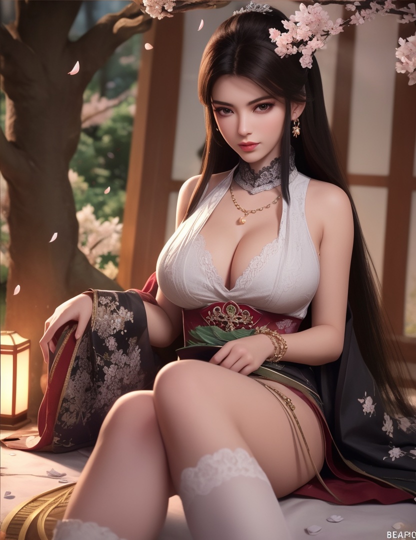 ultra realistic 8k cg, picture-perfect face, flawless, clean, masterpiece, professional artwork, famous artwork, cinematic lighting, cinematic bloom, perfect face, beautiful face, fantasy, dreamlike, unreal, science fiction, huge breasts, beautiful clothes, lace, lace trim, lace-trimmed legwear,  (rich:1.4), prestige, luxury, jewelry, diamond, gold, pearl, gem, sapphire, ruby, emerald, intricate detail, delicate pattern, charming, alluring, seductive, erotic, enchanting, hair ornament, necklace, earrings, bracelet, armlet,halo((,1girl, pov,))(((cherry_blossoms, branch, 1girl, tree, spring_\(season\), solo, petals, black_hair, japanese_clothes,looking at viewer, )))     <lora:DA_YueYaoMenswear:0.6>