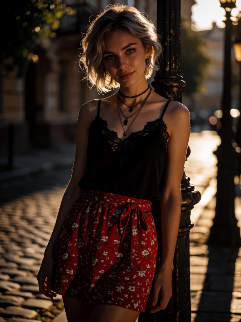 full-body portrait standing outdoors,  young Russian woman early 20s,  luminous porcelain skin with subtle sun-kissed warm...