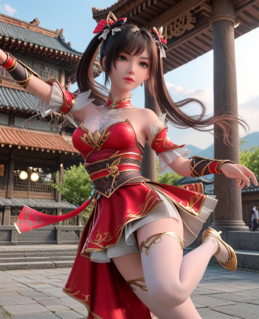 (oriental architecture, elegant decor, sophisticated style:1.1),(dancing, jumping:1.1),(breasts:1.2),<lora:XL神墓楚钰白丝:0.95>,miss chuyuhei,red minidress,green eyes,black hair,twintails,hair ornament,detached sleeves,bare shoulders,sash,detached collar,red fart curtain,bracer,jewelry,earrings,white thighhighs,, score_9,score_8_up,score_7_up,score_6_up,score_5_up,score_4_up,3d rendering,tag1,tag2, Cinematic Lighting,backlighting,