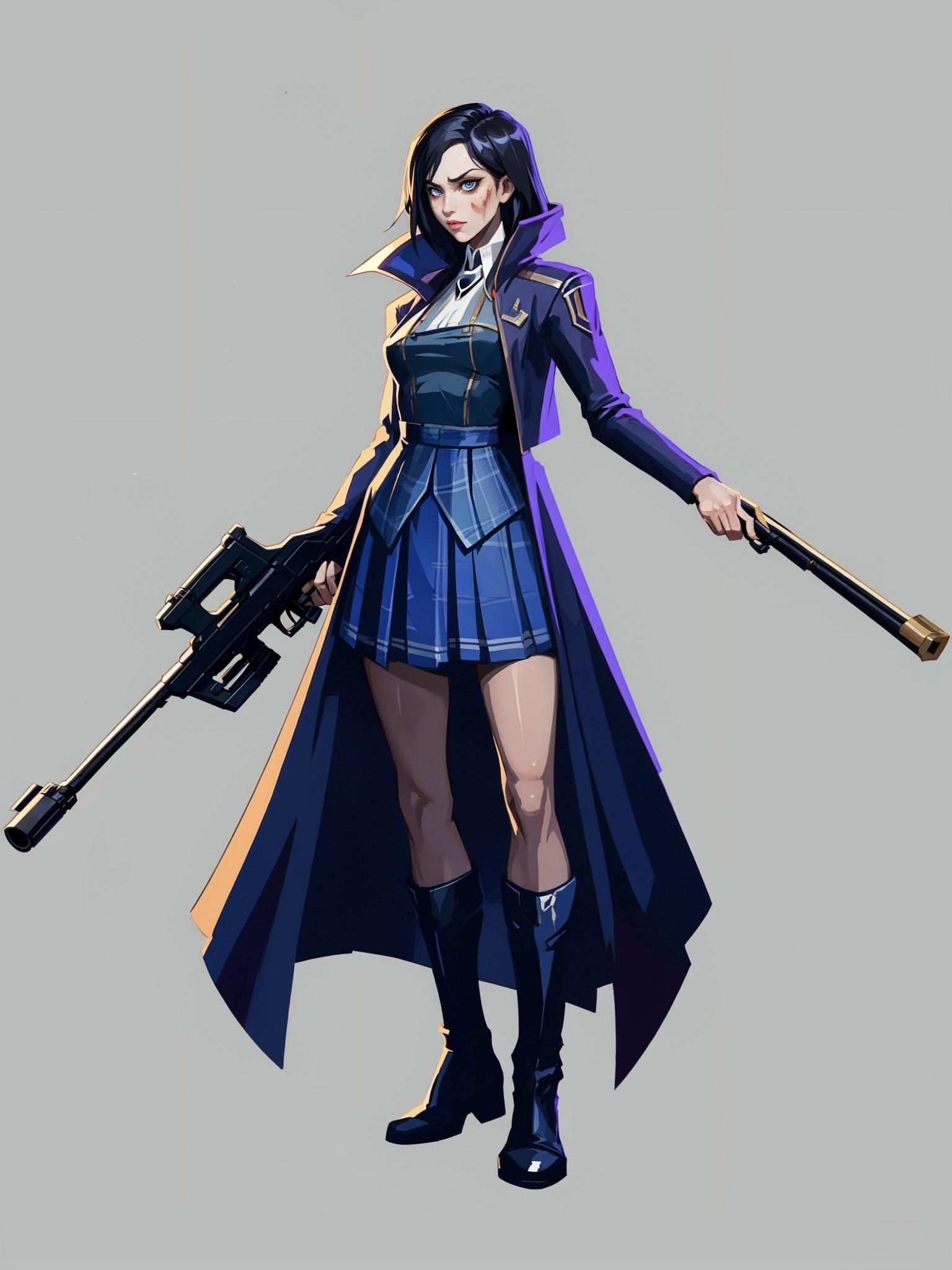 HEZI,Valenlott style,European and American cartoon character design,cutting,dividing,angular,features,1girl,(full body:1.2),game,girl with rifle,huge ,bullet on body,wound on face,arrogant eyes,blue pupil,white pleated skirt,long coat,wide hem,flannel ball,game character design,simple background,purple pupil,bouncing,<lora:欧美卡通人物设计V2版本-000012:0.7>,