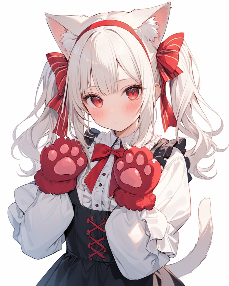 (best quality), ((masterpiece)), (highres), illustration, original, extremely detailed . <lora:日式动漫人设GIRL版XL:0.7>ooo, 1girl, solo, animal ears, animal hands, red eyes, paw gloves, gloves, cat ears, frills, white background, looking at viewer, bow, long hair, simple background, tail, blush, bangs, closed mouth, twintails, center frills, white hair, striped, red ribbon, upper body, hair bow, shirt, white shirt, long sleeves, ribbon, red bow, cat tail, hands up, striped bow, hairband, tail raised, neck ribbon, frilled sleeves