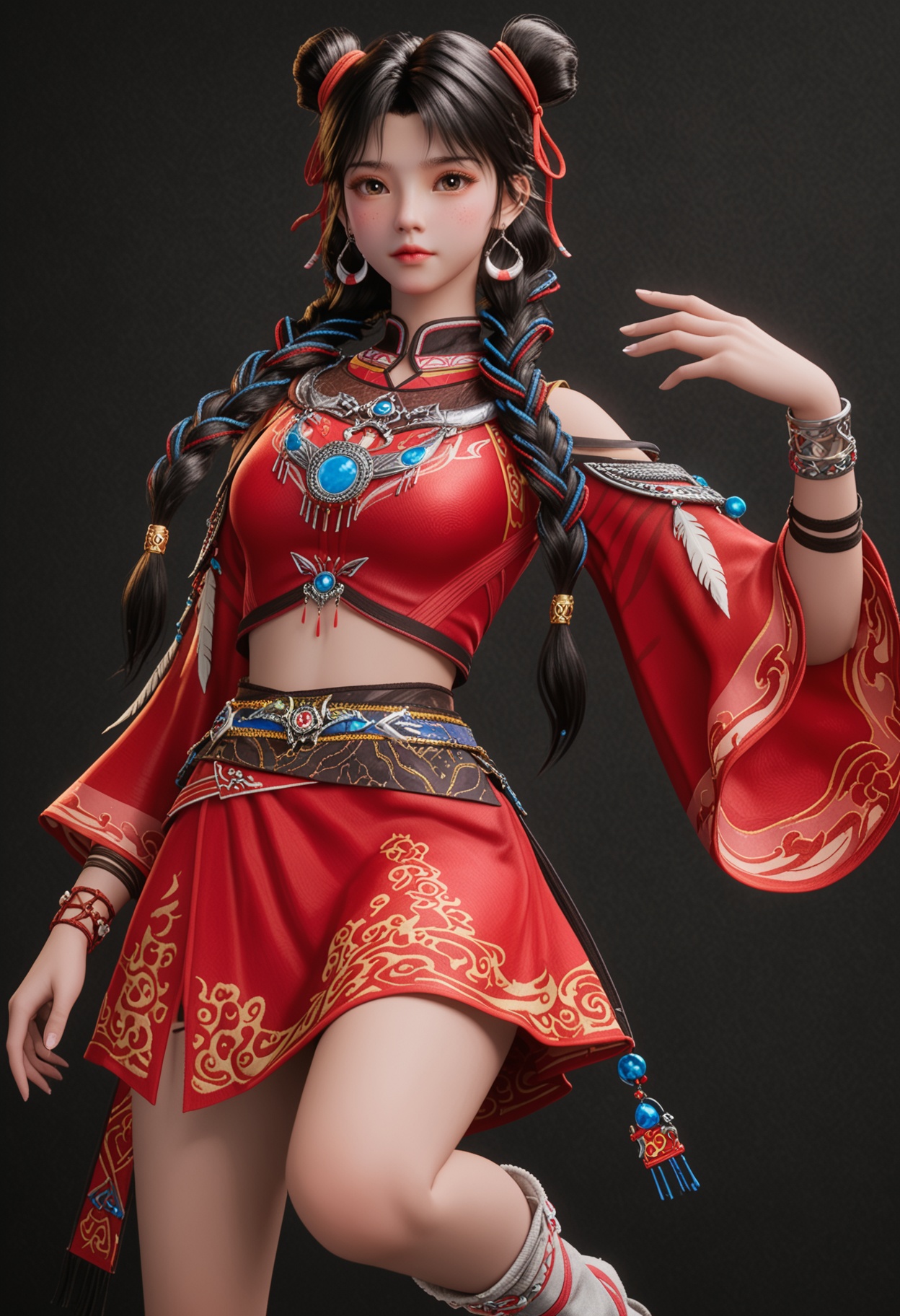 (cowboy shot:1.2),score_9,score_8_up,masterpiece,(best quality),intricate details,facing viewer,(looking at viewer:1.1),<lora:YQ_pony_bailuoheng_V4:0.8>,q1528437228,solo,1girl,jewelry,black hair,long hair,earrings,hair bun,braid,ribbon,hair ribbon,twin braids,double bun,brown eyes,chinese clothes,multiple braids,bracelet,crop top,skirt,multicolored hair,feathers,dress,red ribbon,red skirt,single hair bun,red dress,hair over shoulder,leg warmers,socks,shirt,brown hair,red shirt,necklace,freckles,shoes,long sleeves,detached sleeves,hair ornament,china dress,black eyes,multi-tied hair,wide sleeves,ribbon braid,black footwear,BREAKscore_9,score_8_up,masterpiece,(best quality),perfect anatomy,(hourglass),perfect face,(simple background,pure black background,black background:1.1),fair_skin,shiny_skin,Ivory_skin,