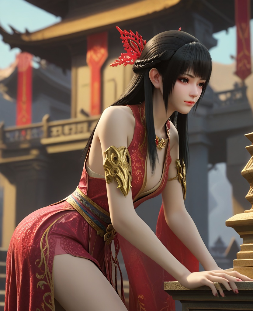 (oriental architecture, elegant decor, sophisticated style:1.1),Sitting on a stool, leaning forward with elbows on knees,,(breasts:1.2),<lora:XL16大主宰红绫:0.95>,1girl,red dress,mole under eye,black eyes,black hair,long hair,hair ornament,bare shoulders,, zPDXL2, score_9, score_8_up, score_7_up BREAK realistic, masterpiece,best quality, highly detailed,, zPDXL3, zPDXL2,zPDXL, zPDXLxxx, zPDXLrl,