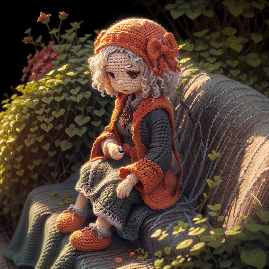 crochet figures,1 girl,(solo:1.4),sit on bench,in a scene of pure kindness,colors blend and greet,<lora:knitting:1>,