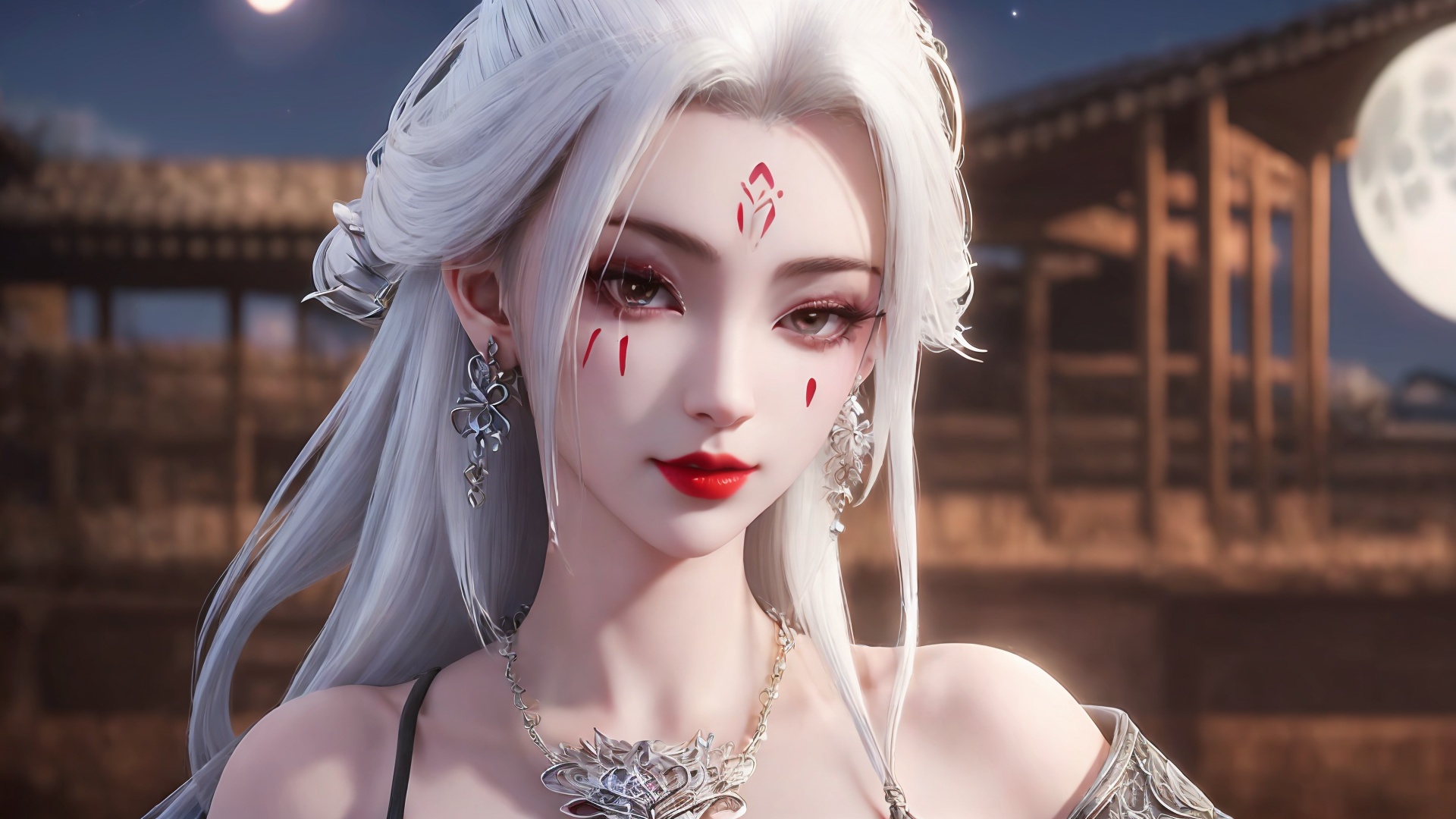 1girl, moon, jewelry, necklace, solo, bracelet, white hair, earrings, facial mark, long hair, night, hair ornament, looking at viewer, bare shoulders, full moon, forehead mark, upper body, red lips, dress<lora:girl miaojiangxiaobai_20240912173536:0.8>,