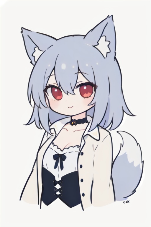 1girl,animal ears,tail,red eyes,shirt,smile,solo,looking at viewer,animal ear fluff,bangs,upper body,collarbone,hair between eyes,fox tail,fox ears,breasts,simple background,fox girl,silver hair,smile,gothic lolita,long hair,<lora:画师Zzul-000005_0.6+q版重置_0.7:1>,