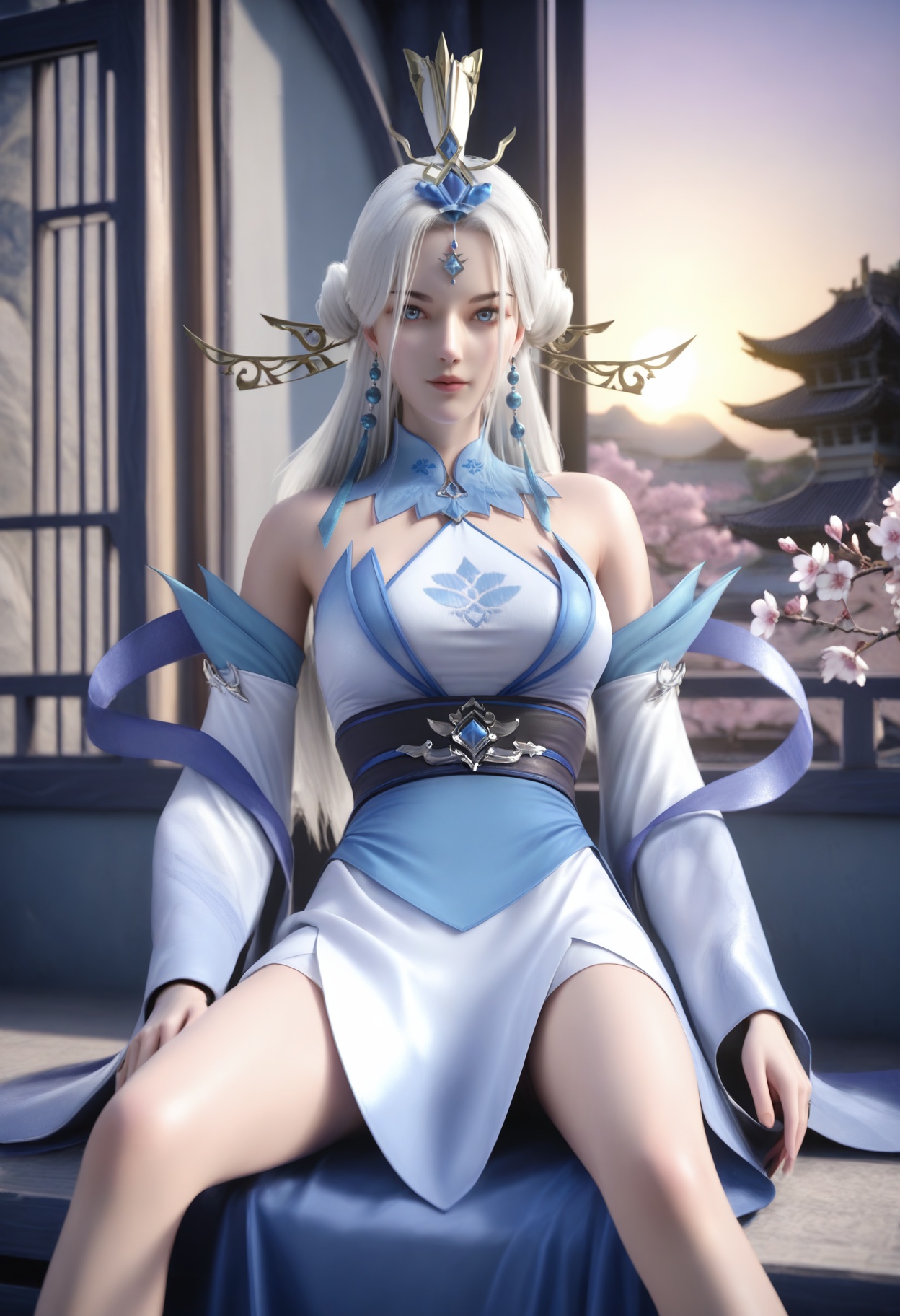 Donghuang_taixin,1girl,hair ornament,white hair,long hair,earrings,jewelry,bare shoulders,bare legs,blurry background,gem,circlet,hair stick,<lora:Donghuang_taixin_10_illu-000005:0.75>,dress,white dress,blue dress,detached sleeves,sash,chinese clothes,wide sleeves,ribbon,photorealistic,hyperrealistic,<lora:realistic filter [IL]:1>,(pale skin:1.1),looking at viewer,sitting,spread legs,(thin thighs:1.2),lantern,open window,looking at viewer,indoors,mountains,blossoms,flowers,east asian architecture,beautiful sunrise,warm ambient temperature,