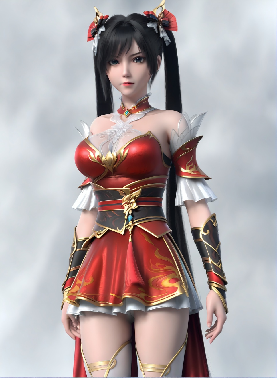 fair_skin,white_skin,Ivory_skin,score_9,<lora:SF_ChuYu_Pony_Realism-000003:0.72>,hair ornament,red dress,black hair,1girl,breasts,large breasts,standing,twintails,white thighhighs,solo,looking at viewer,simple background,