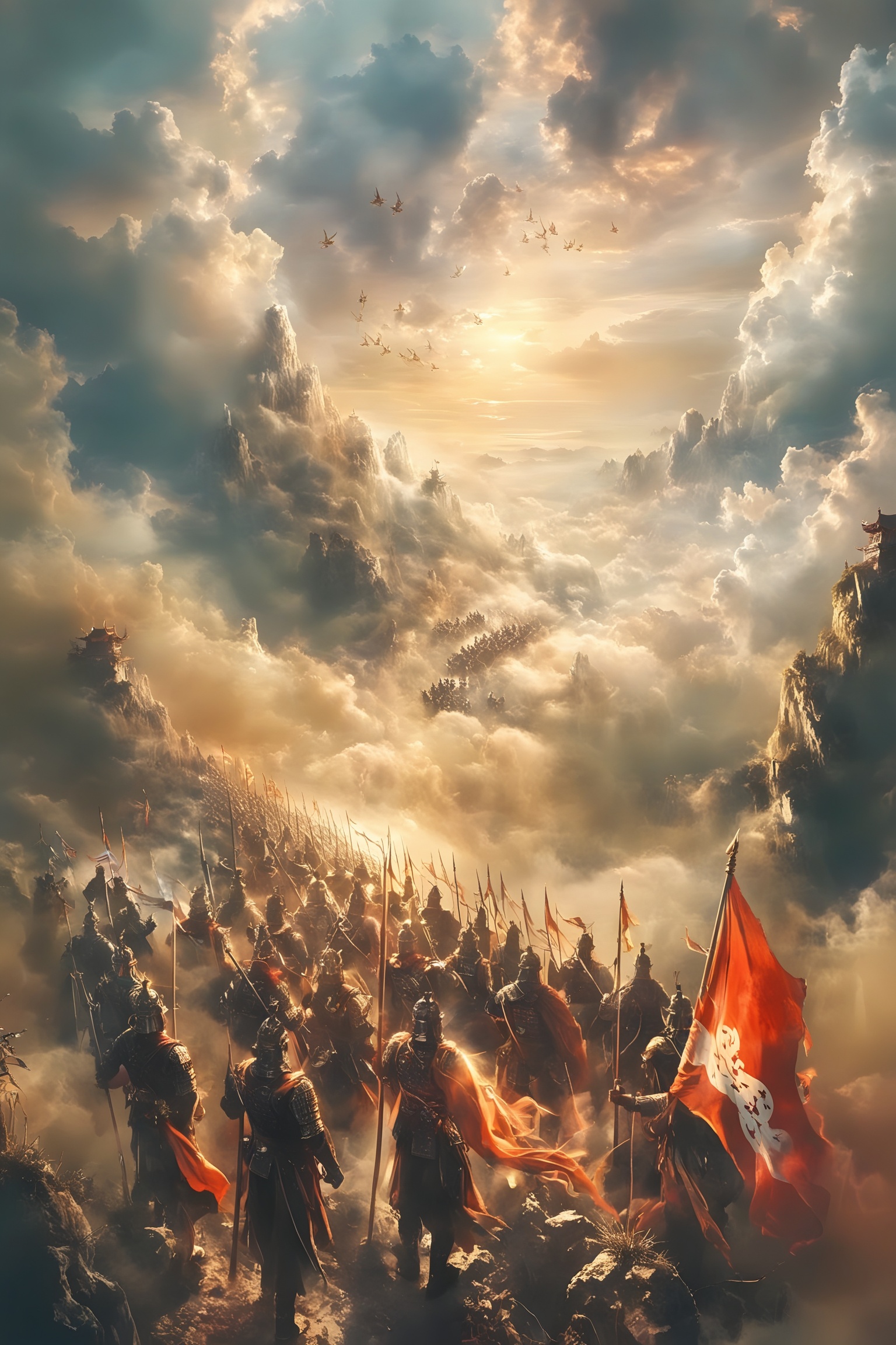 duizhan,The image depicts a grand and epic scene of a large army of soldiers marching through a mountainous landscape. The soldiers are dressed in traditional armor and are carrying flags with red and white colors. The sky is filled with dramatic clouds,and the sun is shining brightly,casting a warm golden light over the scene. Birds can be seen flying in the sky,adding to the sense of movement and action. The mountains in the background are shrouded in mist,creating a mystical and majestic atmosphere. The overall composition of the image conveys a sense of grandeur,heroism,and adventure.,