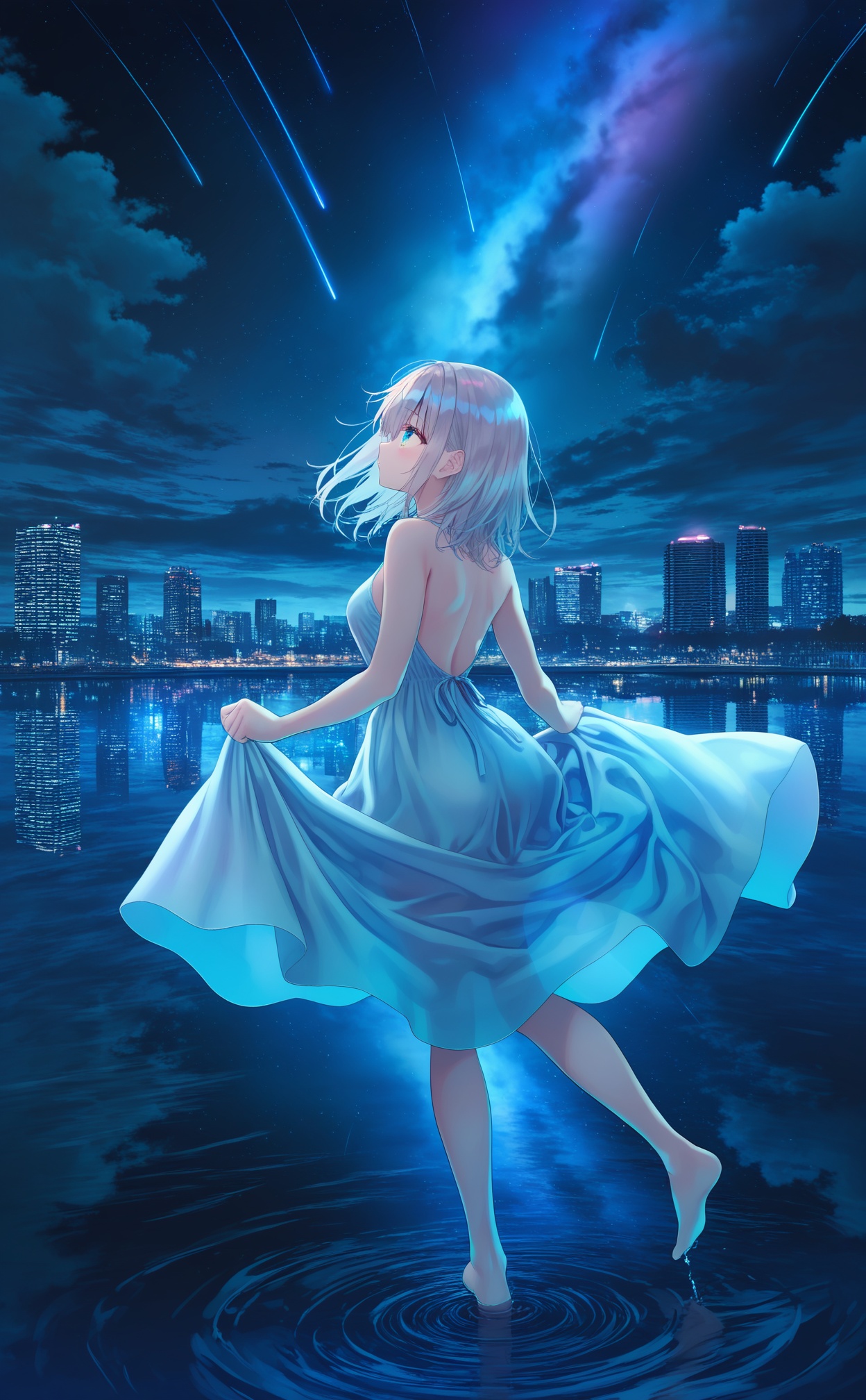 masterpiece,absurdres,best quality,high quality,chromatic_aberration,Night,darkness,black theme,shy,embarrass,endured_face,nsfw,//,completely_nude,back,//,1girl,sky,night,solo,dress,star (sky),night sky,starry sky,shooting star,white dress,outdoors,water,scenery,skyline,skirt hold,looking up,wading,city lights,cityscape,standing,cloud,short hair,reflection,blue eyes,city,barefoot,blue theme,white hair,bare shoulders,breasts,building,cloudy sky,sleeveless dress,ocean,skyscraper,sleeveless,horizon,medium breasts,closed mouth,standing on liquid,from side,medium hair,walking,long hair,profile,reflective water,walking on liquid,//,potorealistic,((Artist:na-ga)),artist:luvluvvox,artist:fukai ryosuke,[artist:Torino aqua],artist:minato hitori,hiten_(hitenkei),artist:rurudo,artist:lazuri7,artist:yunikon,artist:ramchi,(courreges_ace),//,highres,HDR,8K,high contrast,illustration,depth of field,(colorful),Tyndall effect,contrast,lens flare,