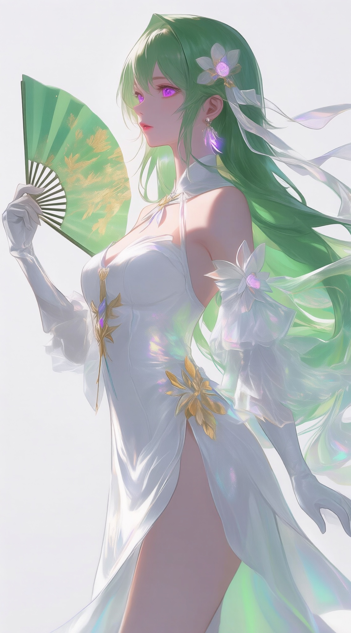 This is a digital illustration,, XUER guangying,Xianyun(genshin impact),1girl,Side profile character,very long green hair,solo,the West_dress,elbow_gloves,White theme,white dress,(halter_dress:1.1),(white background:1.4),(Green fan:1.3),(Holding a fan weapon:1.5),solo,jewelry,ribbon,looking at viewer,hair ornament,breasts,petals,mole under eye,earrings,closed mouth,tress ribbon,many white flower,Metal petal decoration,(golden petals:1.3),Simple background,Her eyes gleamed with a purple light,Close-up details,realistic style photo young woman,solo,outstanding style,cute,in her teens.Use soft lighting to cast gentle shadows on the subject,adding a touch of dimension to your images without compromising details,ear_ornament,hair_ornament,eyelashes,makeup,light pink eye shadow,light pink lipstick,makeup,whirls of vapor,iridescent textures,(Anime:1.1),soft neon light,ethereal ambiance,delicate details,magical atmosphere,concept art,highly detailed,ultra-high resolution,32K UHD,sharp focus,best-quality,masterpiece,golden hour,unconventional supreme masterpiece,masterful details,temperate atmosphere,with a high-end texture,in the style of fashion photography,magazine cover,Dynamic Angle,Dynamic posture,magazine cover,Dynamic Angle,Dynamic posture,see-through,translucent,shimmering lights,whirls of vapor,iridescent textures,pastel anime,, XUER guangying,proper body proportions,(thick thighs:1),stunning,textured skin,soft,expressiveh,fine art,good composition,, extreme aesthetic,(yoneyama mai:0.8),(artist:quasarcake:0.7),(wlop:0.6),(honjou raita,lack,rella,wanke:0.5),masterpiece,best quality,good quality,newest,year 2024,year 2023,very aesthetic,absurdres,Visual impact,A shot with tension,(nakamura_regura:0.5),, ultra-high resolution,32K UHD,sharp focus,best-quality,masterpiece,Emotionalization,unconventional supreme masterpiece,masterful details,temperate atmosphere,with a high-end texture,in the style of fashion photography,(Visual impact:1.2),giving the poste,, Negative prompt: ng_deepnegative_v1_75t,(badhandv4:1.2),EasyNegative,(worst quality:2),,nsfw, Steps: 30, Sampler: Euler, CFG scale: 4.0, Seed: 1562425001, Size: 1142x2048, Model hash: 98763a1277, Model: Qwen-Image_1.0.safetensors, Denoising strength: 0, RNG: CPU, Lora 1: ZOZ_情绪插画04, Lora Hash 1: e826ccab9b, Lora Weight 1: 0.8, vae_name: automatic