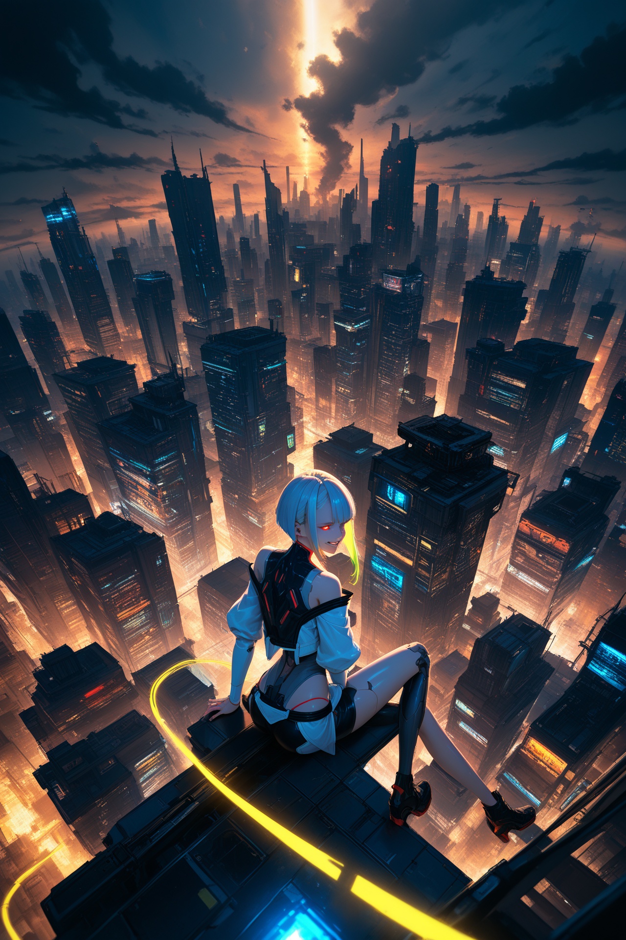 masterpiece,best quality,amazing quality,very aesthetic,absurdres,newest,highres,lucy \(cyberpunk\),cyberpunk,roof,sci-fi city,girl sitting on the roof,looking_back,semi-mechanical girl,fine mechanical structure,luminous component in mechanical structure,sci-fi clothing,mechanical armor,fisheye lens,dreamy light and shadow effect,lighting,smog,evil_grin,glowing_eye,drag,single_mechanical_leg,