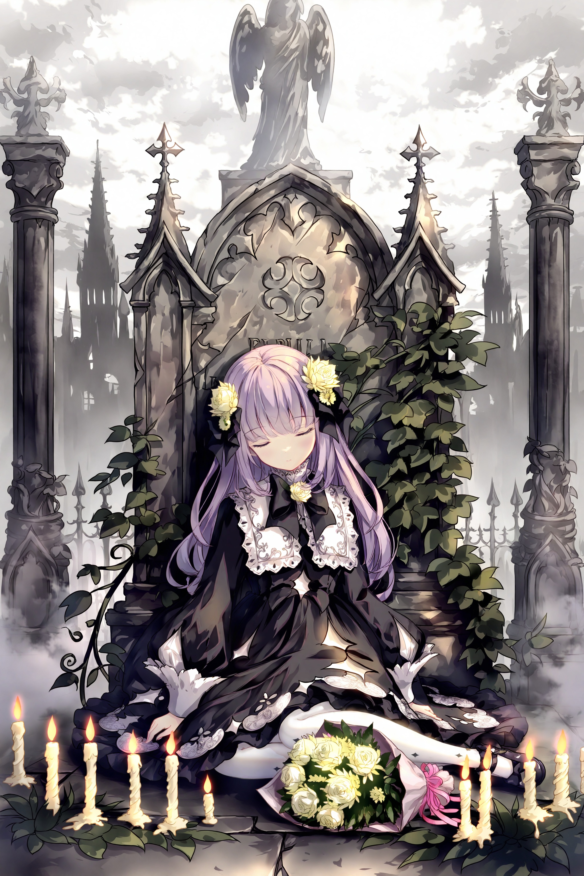 best, 1girl, flower, candle, solo, hair flower, hair ornament, dress, closed eyes, long hair, white flower, puffy sleeves, long sleeves, puffy long sleeves, black dress, sitting, yokozuwari, bouquet, pantyhose, white pantyhose, closed mouth, sleeping upright, outdoors, sleeping, black footwear, tower, black bow, cloud, facing viewer, cloudy sky, yellow flower, bow, sleeves past wrists, white rose, shoes, lolita fashion, castle, sky, fire, ruins, grey sky, frills, tombstone, full body, purple hair, gothic lolita, very long hair, church, statue, rose, head tilt, fog, ribbon, pillar, leaning to the side, graveyard <lora:lp27New.up1-000038:0.9>