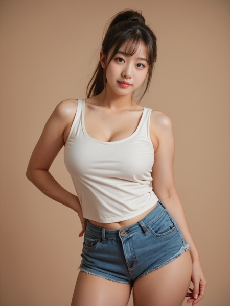 score_9, score_8_up, score_7_up, score_6, score_5, score_4, realistic, japanese, 1girl, sexy, beutiful girl, photo, big breasts, thick thighs, **** top, denim hot pants, ponytail, look the viewer, (smile:0.5), pastel brown background
