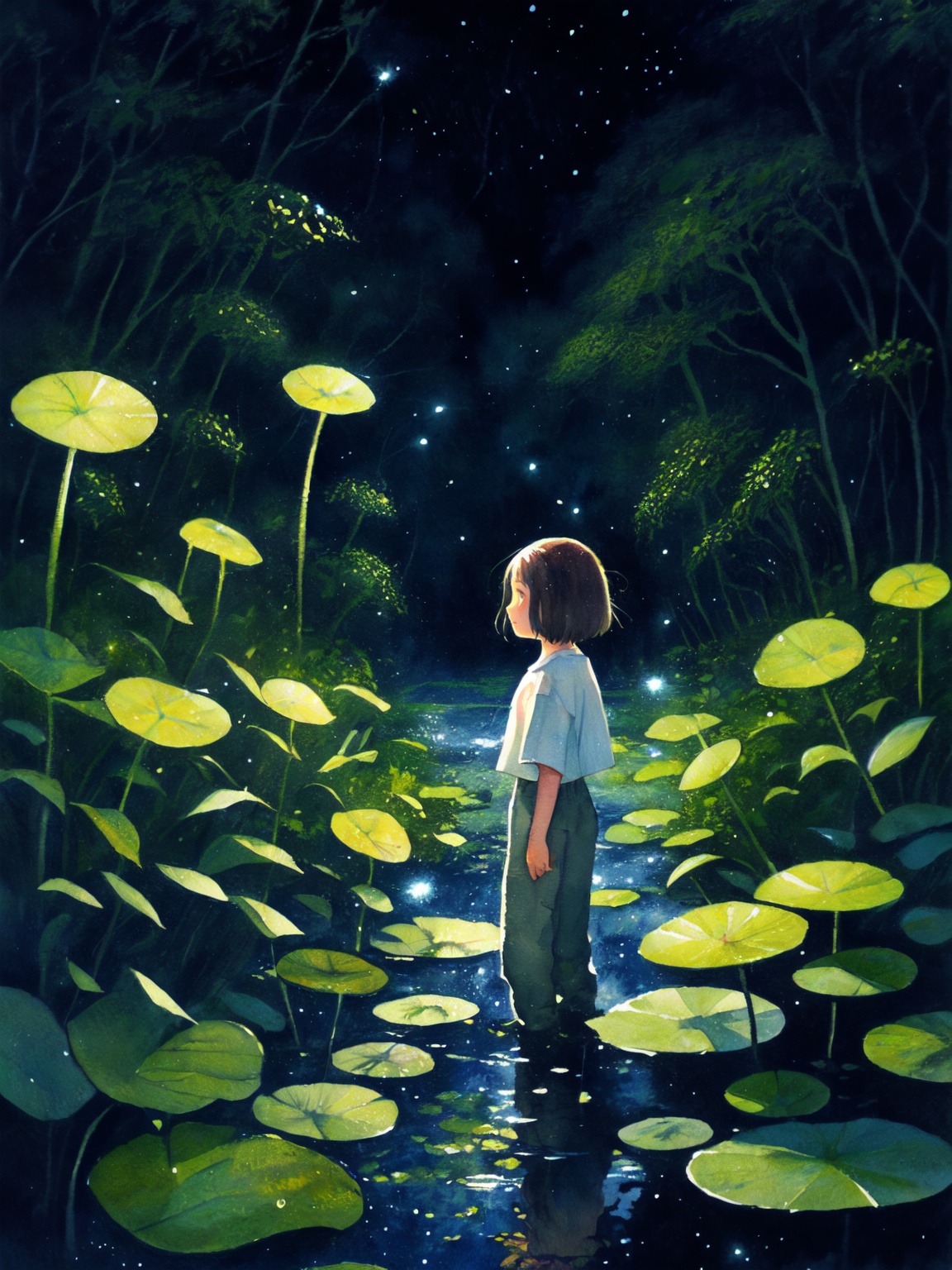 masterpiece,top quality,best quality,(heikala style:1.3),solo,1girl,wading,shirt,short hair,short sleeves,lily pad,flower,water,profile,wide shot,plant,pants,standing,fireflies,white flower,brown hair,white shirt,(watercolor pencil),
