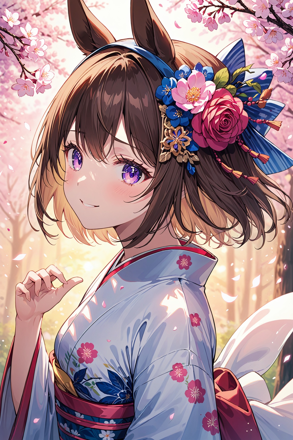 ultra-detailed,(best quality),((masterpiece)),(highres),original,extremely detailed 8K wallpaper,(an extremely delicate and beautiful),anime,\\,1girl,japanese clothes,solo,kimono,animal ears,horse ears,hair over one eye,brown hair,flower,purple eyes,sash,smile,obi,blush,wide sleeves,white kimono,rose,blue flower,blue rose,floral print,closed mouth,horse girl,long sleeves,print kimono,cherry blossoms,looking at viewer,upper body,petals,hair flower,hat,bangs,blurry,arm up,blurry foreground,tilted headwear,depth of field,hair ornament,short hair,one eye covered,hand up,eyebrows visible through hair,long hair,blurry background,pink flower,alternate costume,cloudy-sky river forest tree sunset from-side from-above expressionless smile,