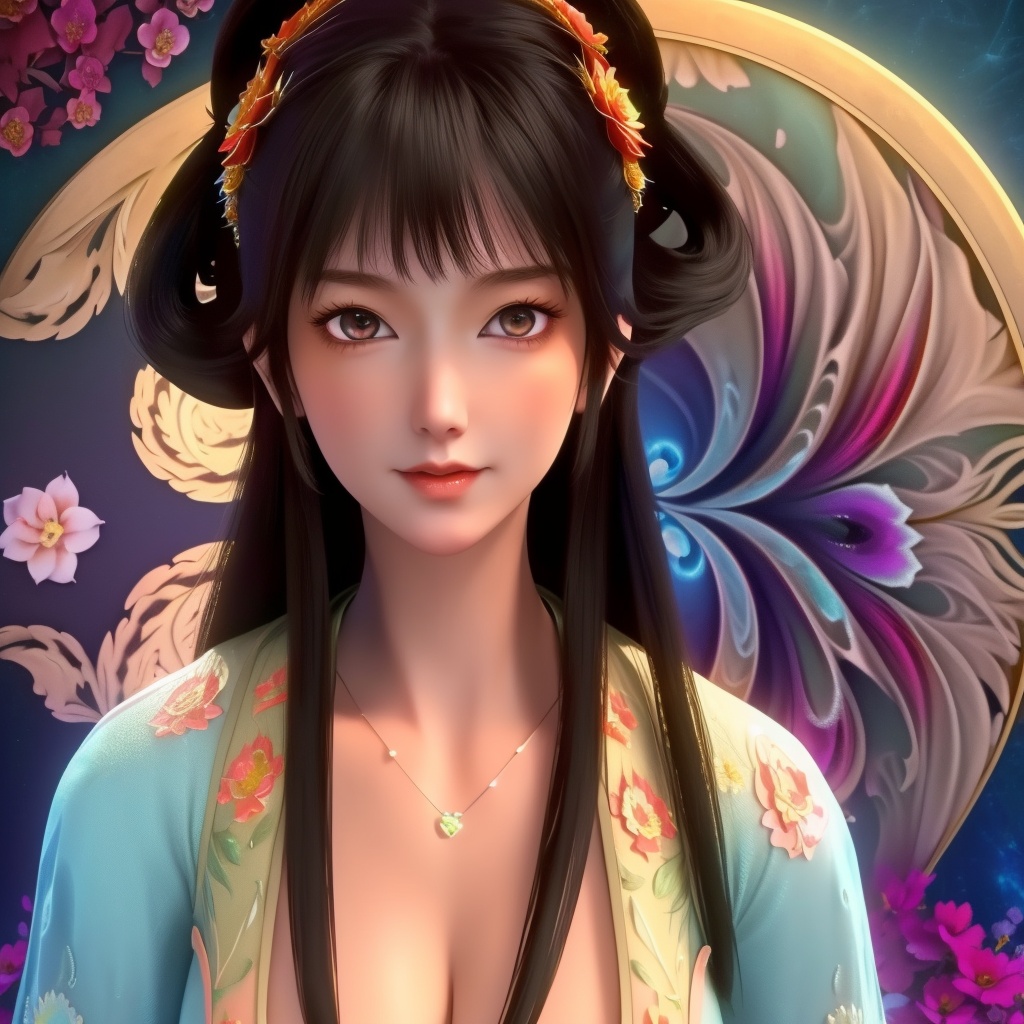 <lora:765-DA-金吾卫-刘小芷:0.8>, (,1girl, ,best quality, ),looking at viewer,,anime,(masterpiece, top quality, best quality, official art, beautiful and aesthetic:1.2), (1girl)	, , (cleavage),, extreme detailed,(fractal art:1.3),colorful, flowers ,highest detailed,()    (cleavage),,  (),