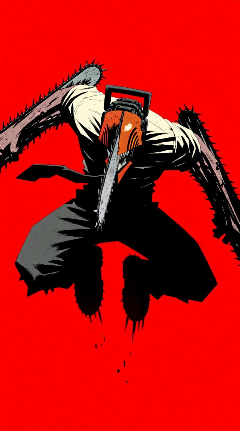 Subject and actionChainsaw Man,  the Chainsaw Devil,  captured midair in a dynamic jumping pose on Tensor.Art