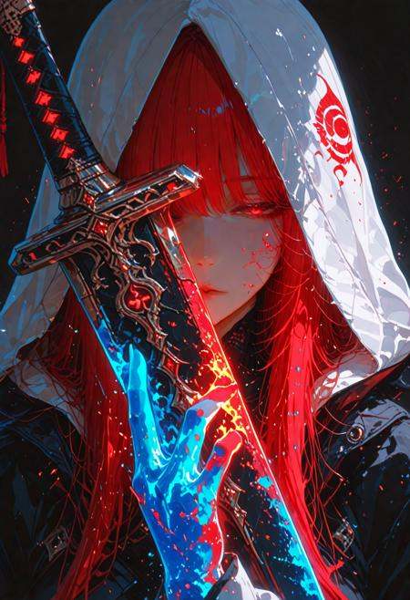 *****,
1woman,
masterpiece, newest,absurdres,incredibly absurdres, best quality, amazing quality, very aesthetic,
(colorful splashes:1.1), (shining:1.1), (focus on face:1.1), Glowing skin, Strong contrast, long sleeves, simple background, red eyes, weapon, hood, black background, sword, hooded jacket, meme, jacket, hood up, red long hair, glowing, half-closed eyes, looking at viewer