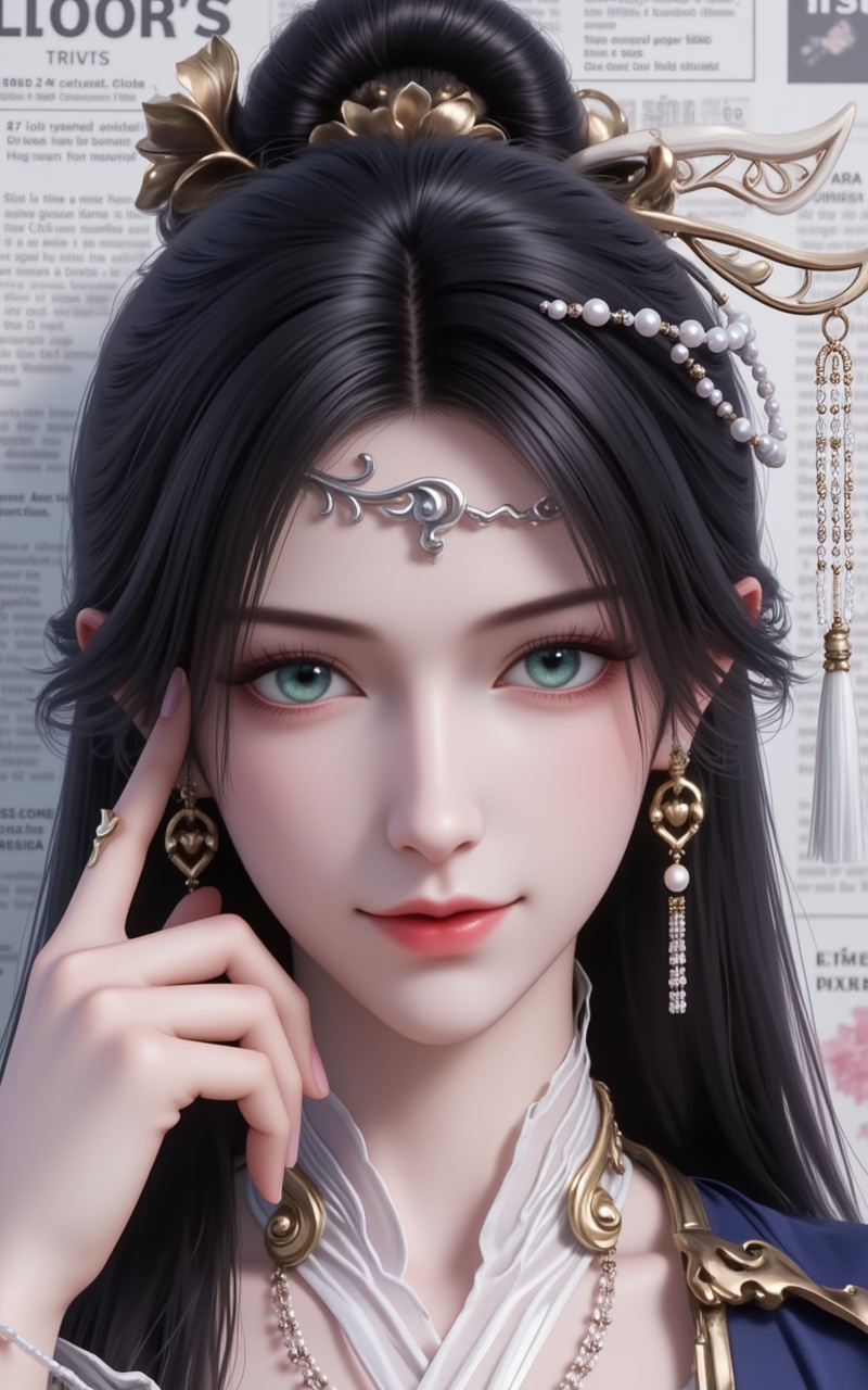 <lora:金瓶儿·衣服百搭款·6:1.1>,jinpinger,1girl,solo,hair ornament,jewelry,earrings,long hair,closed mouth,realistic,black hair,looking at viewer,smile,hair bun,green eyes,cover,gradient background,close-up details,outstanding style,adding a touch of dimension to your images without compromising details,close-up,<lora:DJ滤镜_2.5D版:0.3>,lvjing,<lora:油画唯美滤镜15:0.2>,baoshi,<lora:报纸背景·5:0.4>,baozhi,paper,newspaper,the newspaper wall,newspaper background,