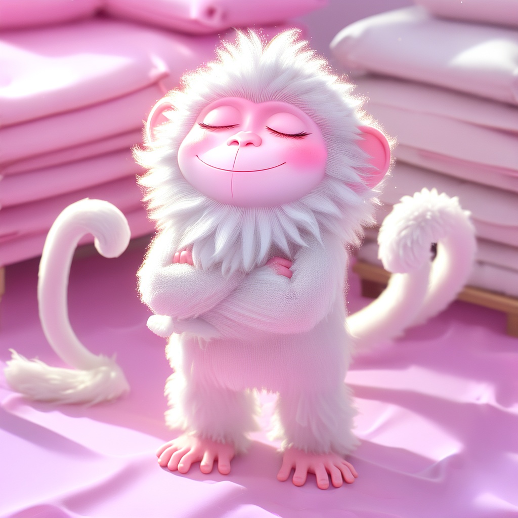 shenhou,monkey,fluffy,sunlight,light particles,whiskers,cute,cc-color-correction,mf-movie-filter,warm colors,whimsy and dramatic lighting,white fur,soft lighting,monkey focus,no humans,closed eyes,smile,closed mouth,indoors,on bed,full body,blurry,pink theme,sleeping,sitting,pink background,<lora:shenhou_v1:0.8>,