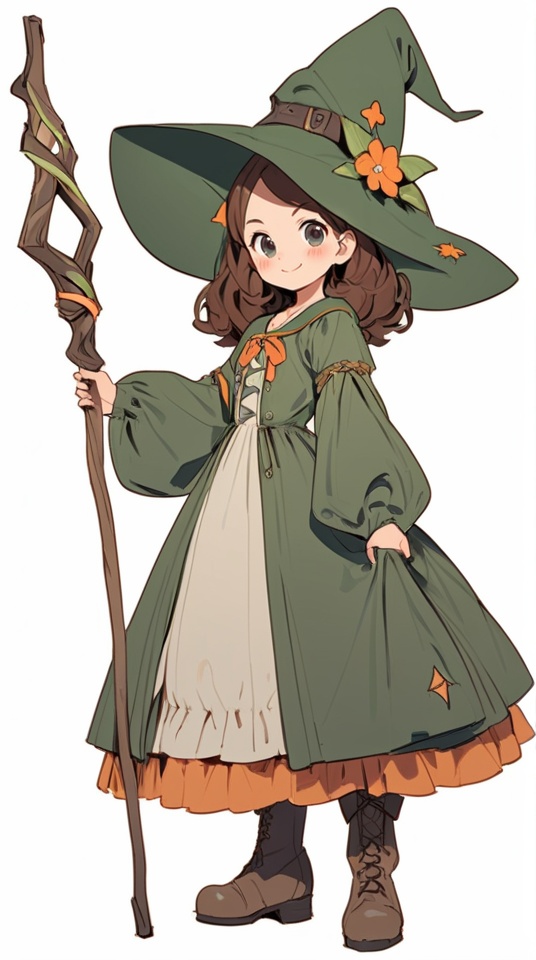 (best quality), ((masterpiece)), (highres), illustration, original, extremely detailed . <lora:日式动漫人设GIRL版XL:0.7>ooo, 1girl, solo, brown hair, hat, staff, smile, holding, long sleeves, witch hat, white background, looking at viewer, full body, holding staff, brown footwear, standing, simple background, green headwear, blush, boots, puffy sleeves, dress, puffy long sleeves, witch, black eyes