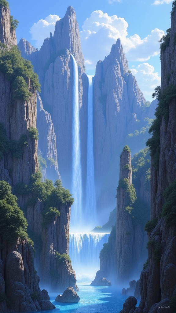 painting of a waterfall in a mountain with a blue sky,David A Hardy,gilbert williams,Christophe Vacher,jim warren and rob gonsalves,david hardy,rob gonsalves and tim white,fantasy landscape painting,alen kopera,john stephens,fantasy art landscape,thomas kinkade and paul lehr,detailed matte fantasy painting,( ( barclay shaw ) ),fantasy matte painting,cute,bekskinski,dan seagrave art,( ( thomas kinkade ) ),tomasz alen kopera,8 0's style tomasz alen kopera,award-winning fantasy art,David A. Hardy,dan seagrave,dan mumford and albert bierstadt,epic dreamlike fantasy landscape,( thomas kincade ),mystical fantasy landscape,symmetrical fantasy landscape,fantasy scenic,detailed dreamscape,matte fantasy painting,impressive fantasy landscape,award winning fantasy art,