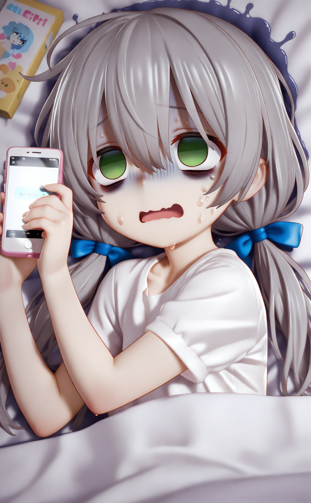 masterpiece,loli, phone, holding phone, holding, cellphone, grey hair, turn pale, bow, hair bow, green eyes, sweat, shirt, 1girl, smartphone, white shirt, on side, looking at phone, lying, open mouth, gloom (expression), blue bow, empty eyes, long hair, hair rings, short sleeves, solo, hand up, low twintails, shaded face,  twintails, bed sheet, no pupils, bags under eyes, on bed, nervous sweating, upper body, portrait, looking at object, under covers, hair between eyes, wavy mouth,<lora:pvc3——【Illustrious】hans:0.8>,