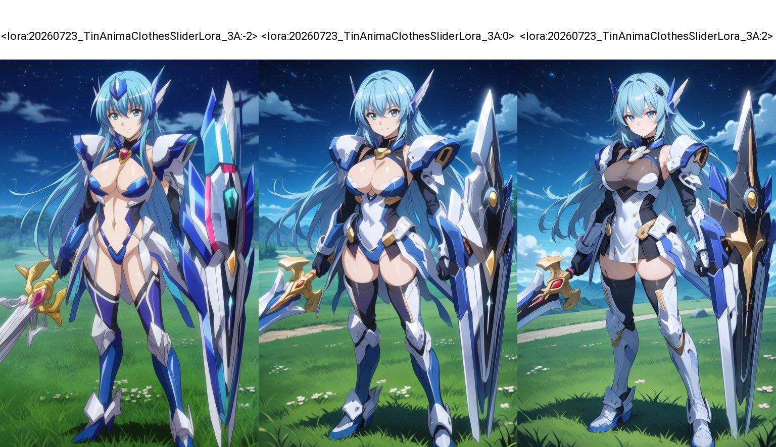 Anime-style digital artwork of a busty,  blue-haired female warrior in futuristic armor,  holding a large shield and sword...