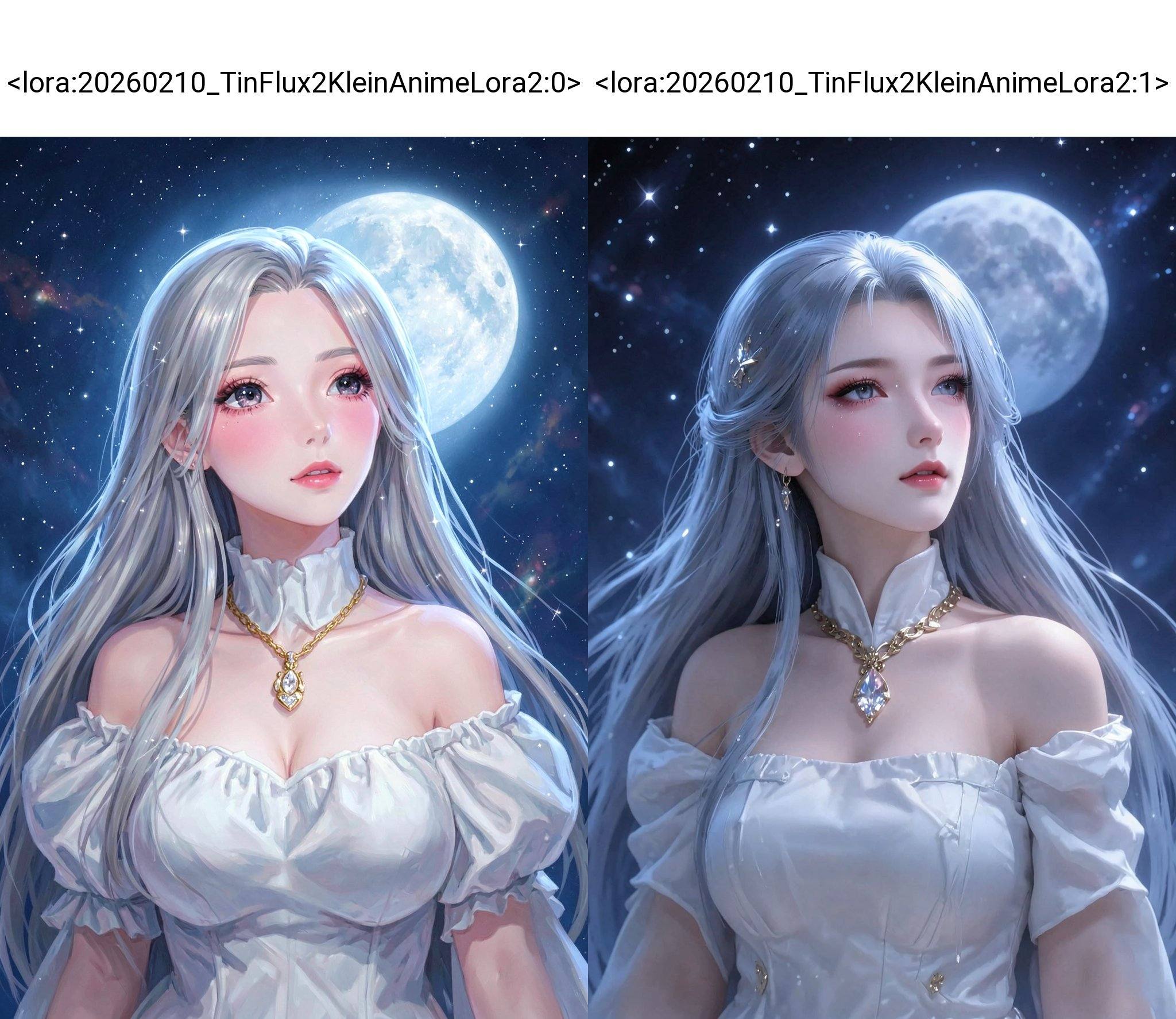 <lora:20260210_TinFlux2KleinAnimeLora2:0>, This is a digital painting in a highly detailed, realistic style. The subject is a young woman with long, flowing silver hair that cascades down her back and shoulders, adorned with a few small, star-like highlights. Her skin is fair with a subtle blush on her cheeks, giving her a delicate, ethereal appearance. She has large, expressive eyes with a soft, dreamy gaze and full, pink lips. Her outfit is an off-the-shoulder, white gown with puffy, ruffled sleeves and a high collar, which adds a touch of elegance and romance to her look. She wears a gold necklace with a large, sparkling pendant that catches the light, enhancing her regal aura. The background is a starry night sky with a full moon, its silvery glow illuminating her face and the gown. The night sky is a deep blue with scattered stars and a few faint, colorful nebulae, adding depth and a sense of cosmic wonder. The overall composition is serene and magical, with a blend of celestial elements and human beauty, creating a harmonious and enchanting scene. The painting captures a moment of quiet contemplation, with the woman seemingly gazing at the moon.