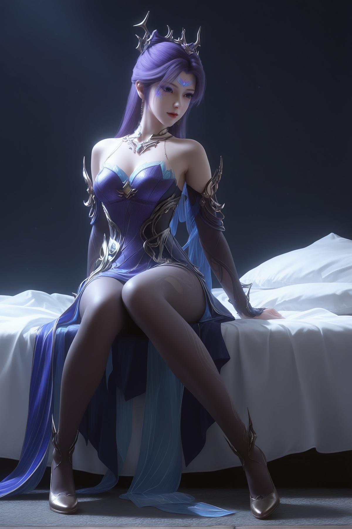 masterpiece,best quality,realistic,cinematic,detail eyes,(ultra-detailed),perfect composition,intricate details,absurdres,detailed face,high quality,high res,8K,<lora:X_mengkeer_xm_IL3.0:0.8>,purple hair,blue eyes,forehead mark,facial mark,1girl,long hair,breast,medium breast,hair_ornament,dress,purple_dress,pantyhose,sitting,simple background,bed,