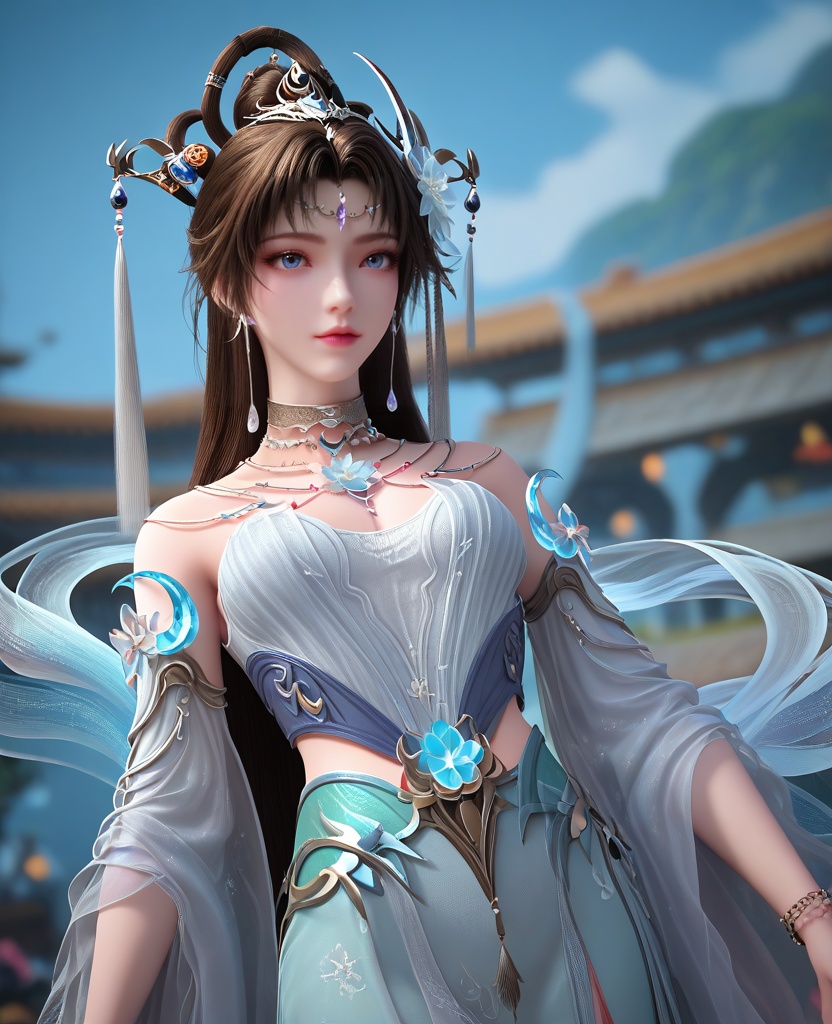 (oriental architecture, elegant decor, sophisticated style:1.1),arching her back,(breasts:1.2),<lora:XL16完美世界邀月公主:0.95>,princess yaoyue,white corset mermaid gown with front thigh-high slit,blue eyes,black hair,draped looped buns with long cascading hair,very long hair,crescent crystal ornament,hair ornament,jewelry,hagoromo,wide flowing sleeves,, zPDXL2, score_9, score_8_up, score_7_up BREAK realistic, masterpiece,best quality, highly detailed,, zPDXL3, zPDXL2,zPDXL, zPDXLxxx, zPDXLrl,