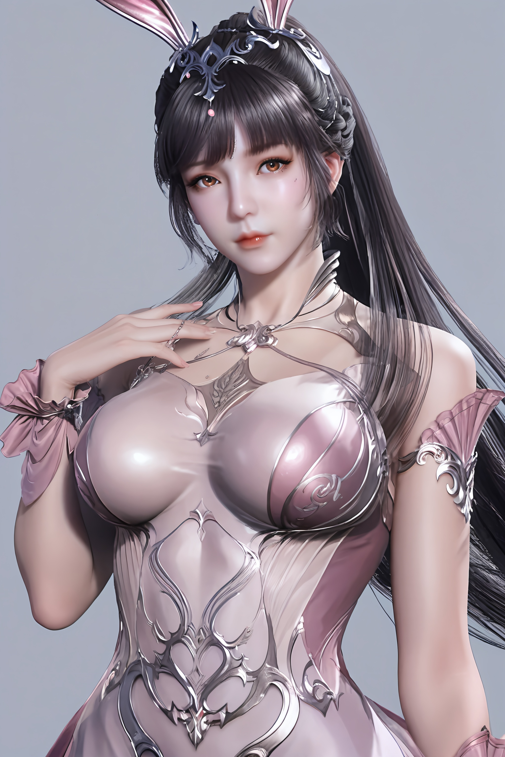 score_9,score_8_up,score_7_up,8k,hd,<lora:小舞-ppp:0.86>,xiaowu,1girl,solo,bunny ears,hair ornament,long hair,ponytail,brown eyes,black hair,dress,pink dress,looking at viewer,front view,<lora:SkinRealityOrg_ponyv6_loraplus:0.25>,real skin,<lora:皮肤凹痕:1.2>,female,(mature_female),mature,collarbone,large breasts,curvy,glamor,puffy breasts,pointy_breasts,<lora:e色温:0.5>,(fair_skin),(white_skin),<lora:e肤色滑块:0.5>,body blush,simple background,grey background,
