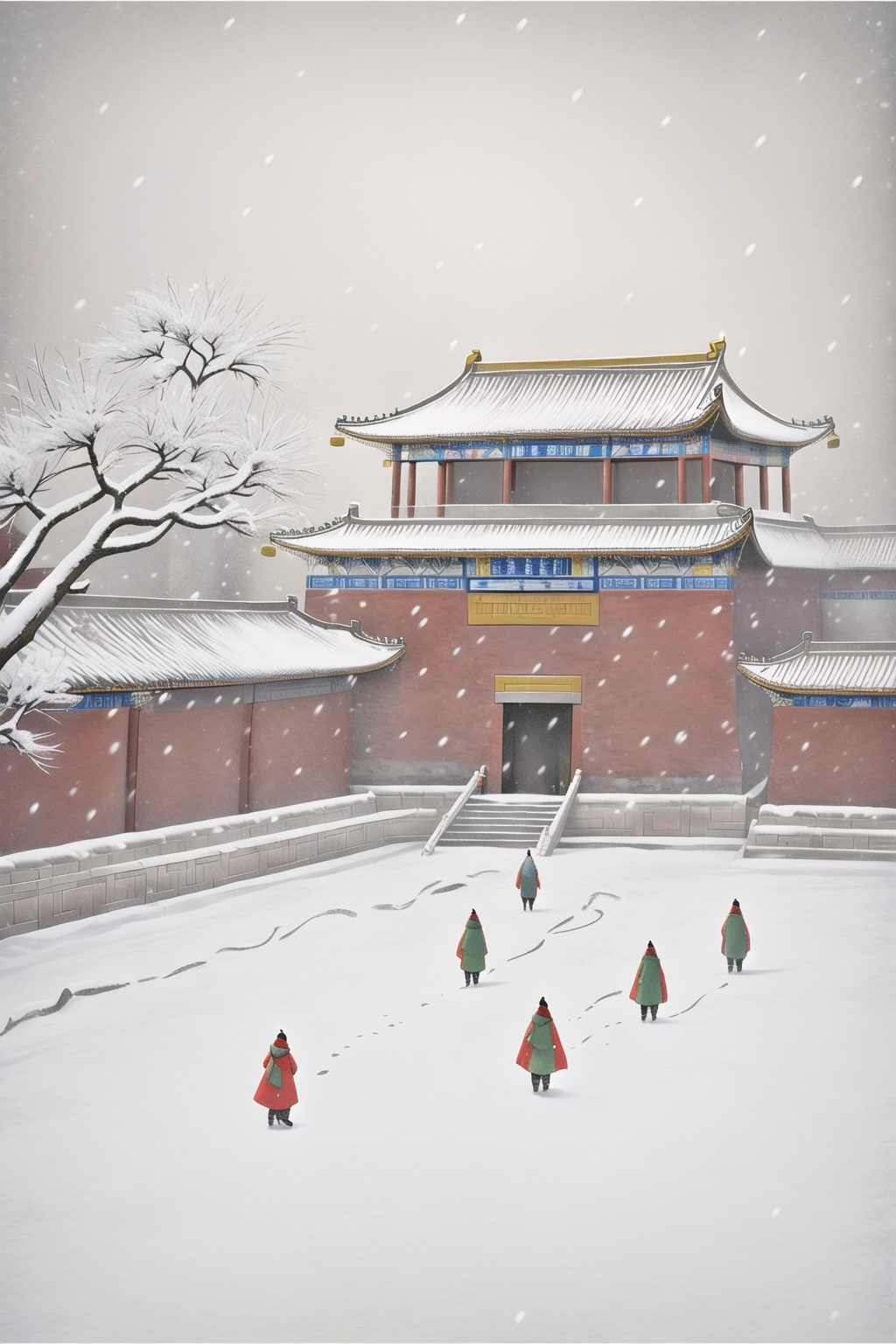 ycbh, east asian architecture, architecture, snow, tree, traditional media, outdoors, snowing, cape, Snowy sky, snowy scenery, Forbidden City,<lora:ycbh4:0.8>,