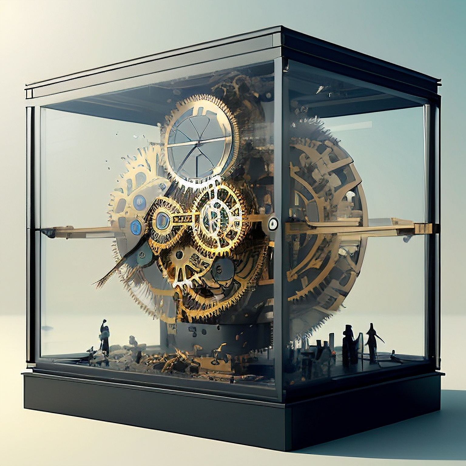 (clockwork:1.2), knollingcase, labelled, overlays, oled display, annotated, technical, knolling diagram, technical drawing, display case, dramatic lighting, glow, dof, reflections, refractions