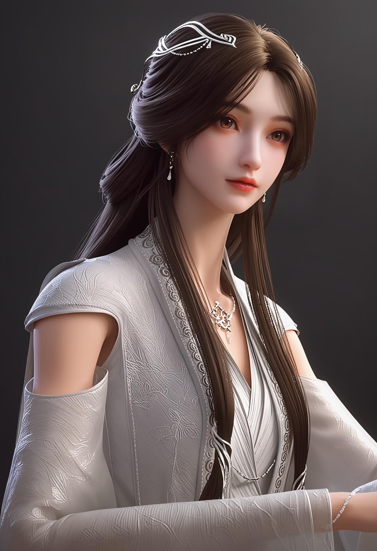 (upper_body:1.2),score_9,score_8_up,masterpiece,(best quality),intricate details,facing viewer,(looking at viewer:1.1),<lora:YQ_pony_yuxin2.0_V4:0.8>,q1528437228,1girl,solo,long hair,hair ornament,jewelry,earrings,dress,brown hair,white dress,necklace,black hair,brown eyes,chinese clothes,long sleeves,detached sleeves,wide sleeves,hair bun,BREAKscore_9,score_8_up,masterpiece,(best quality),perfect anatomy,(hourglass),perfect face,(simple background,pure black background,black background:1.1),fair_skin,shiny_skin,Ivory_skin,