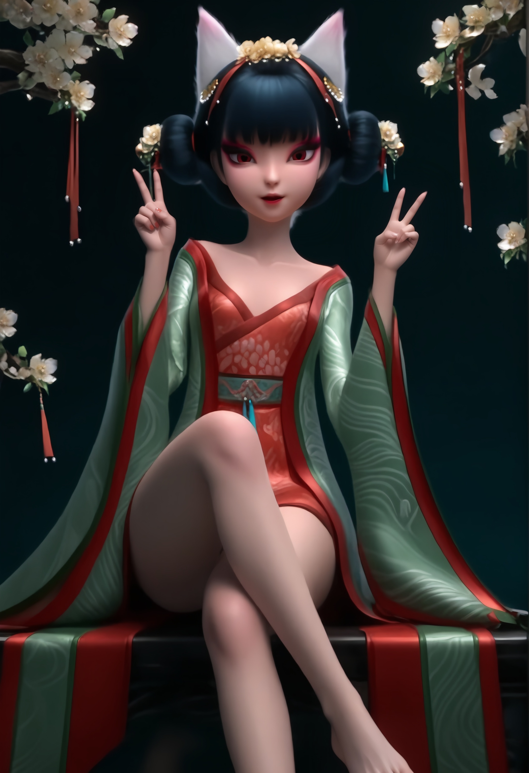 (score_9),light blush,body blush,<lora:宝青坊-Apony-000008:0.85>,fangzhu,solo,1girl,hair ornament,hair flower,hair bun,tassel hair ornament,bangs,makeup,black hair,chinese clothes,fox ears,wide sleeves,looking at viewer,front view,double v,glamor,collarbone,puffy breasts,sitting,crossed legs,barefoot,branch,twig,falling petals,OverallDetail,fair_skin,(white_skin),(Ivory_skin),<lora:detailed_notrigger:1>,<lora:perfect-eyes:0.8>,<lora:a修手:0.35>,